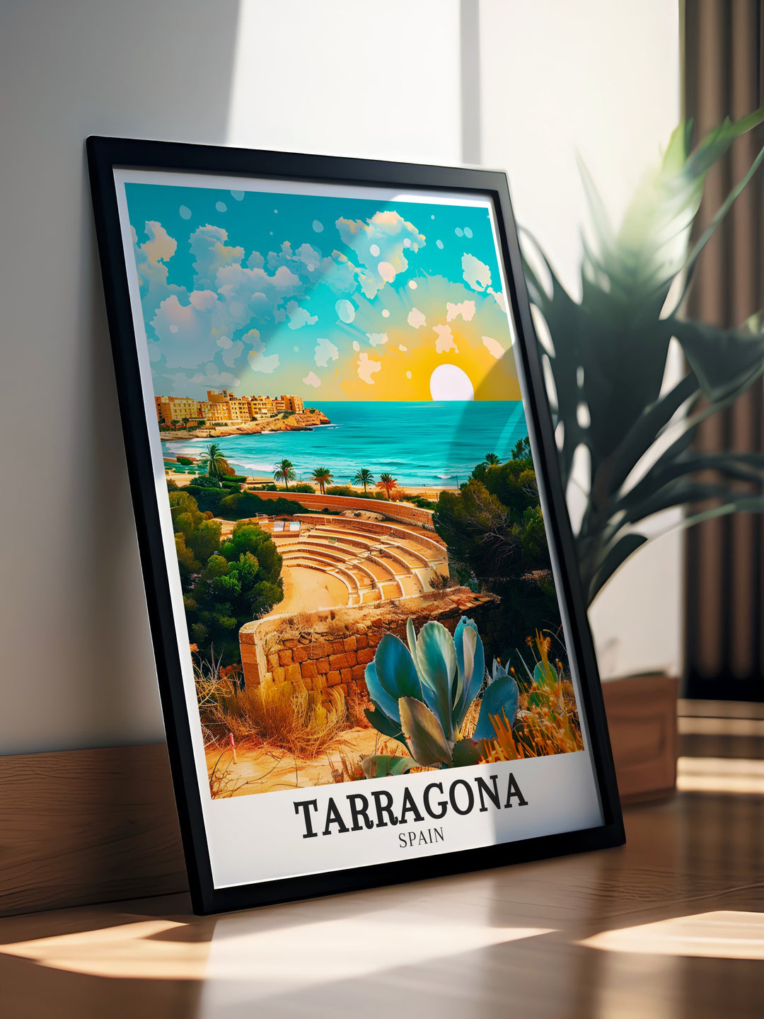 Tarragona Print with intricate details of the Roman Amphitheatre and Balco del Mediterrani. Perfect for those who appreciate Spains historical landmarks and Mediterranean beauty in their wall art.