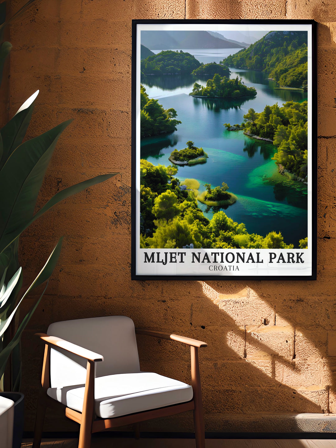 Veliko Jezero, a stunning feature of Mljet National Park, is beautifully portrayed in this artwork. The serene lake, surrounded by lush greenery, offers a calming presence in any room. Perfect for nature enthusiasts, this print adds a touch of Croatian elegance to your home decor.