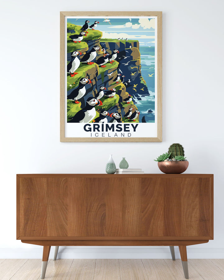 This Grimsey Poster Print beautifully captures the puffin colonies of Grimsey Island under the Northern Lights. A stunning travel print for lovers of Icelands wildlife and natural wonders, ideal for home or office décor.