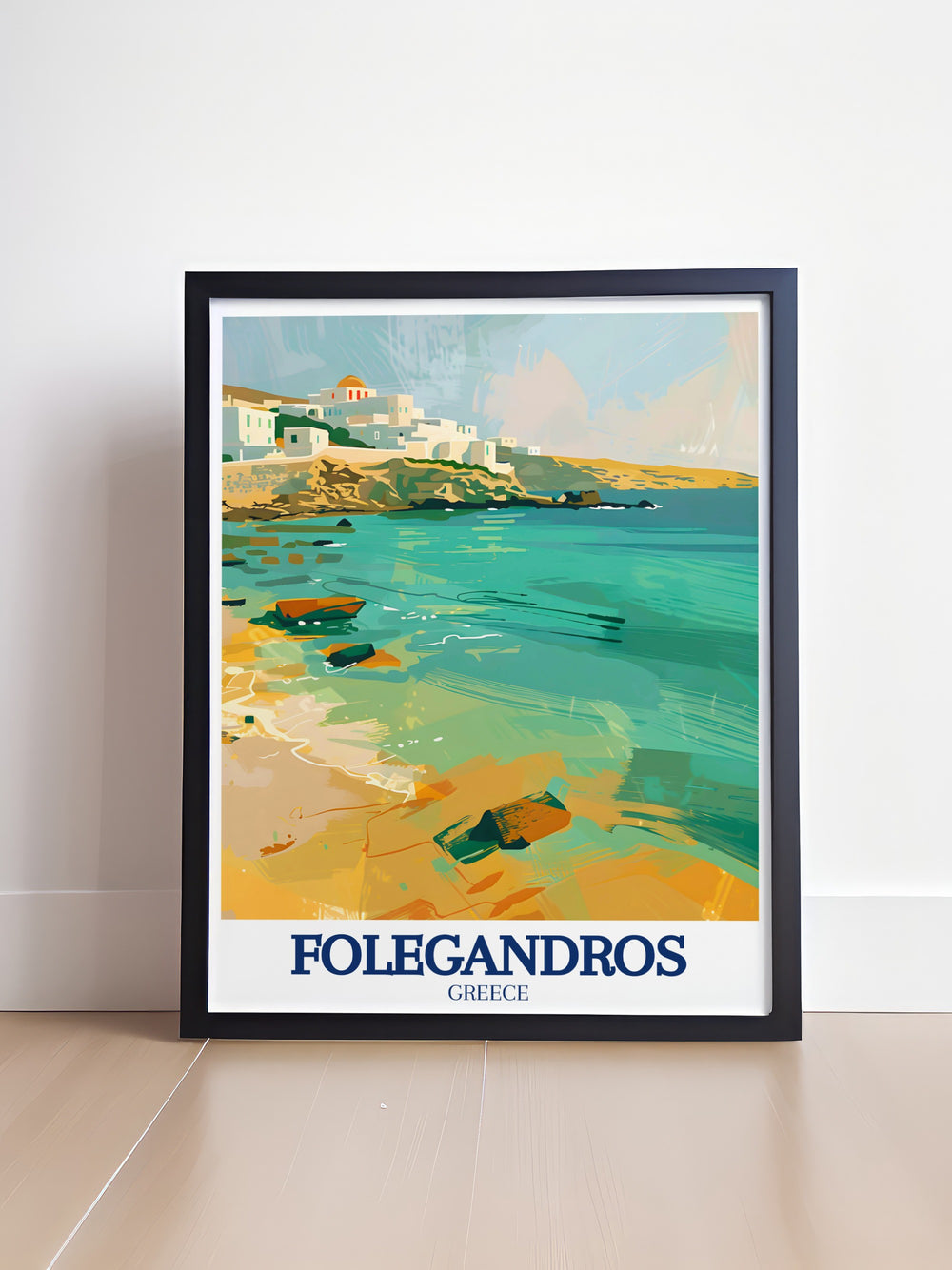 A Folegandros wall art piece featuring the islands stunning coastline and the serene beauty of Paralia Agkali. This print serves as a beautiful reminder of Greeces hidden gems and is perfect for any travel inspired decor.