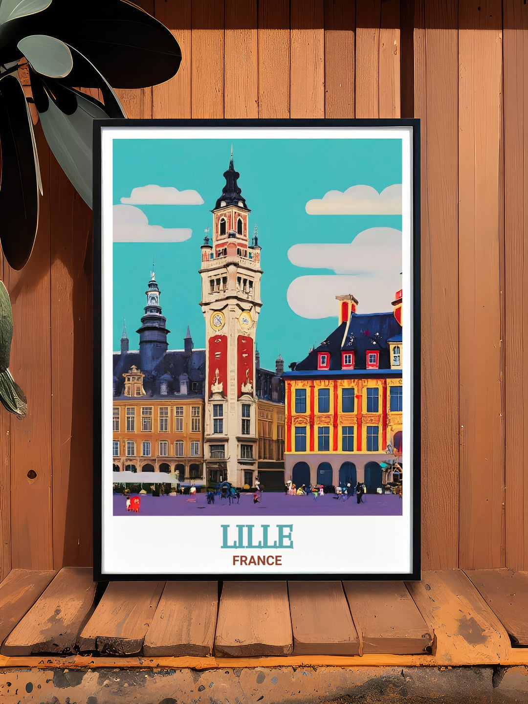 Grand Place travel print highlighting the iconic square in Lille, France. The artwork offers a detailed view of the beautiful buildings and statues that define this historic area, making it a perfect addition to any travel lovers collection.