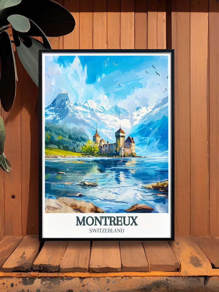 Experience the serenity of the Swiss Riviera with this Montreux Travel Poster. The calm waters of Lake Geneva and the dramatic backdrop of the Alps are perfectly captured in this artwork, along with the historic Chillon Castle. An excellent choice for travel inspired décor or gifting.