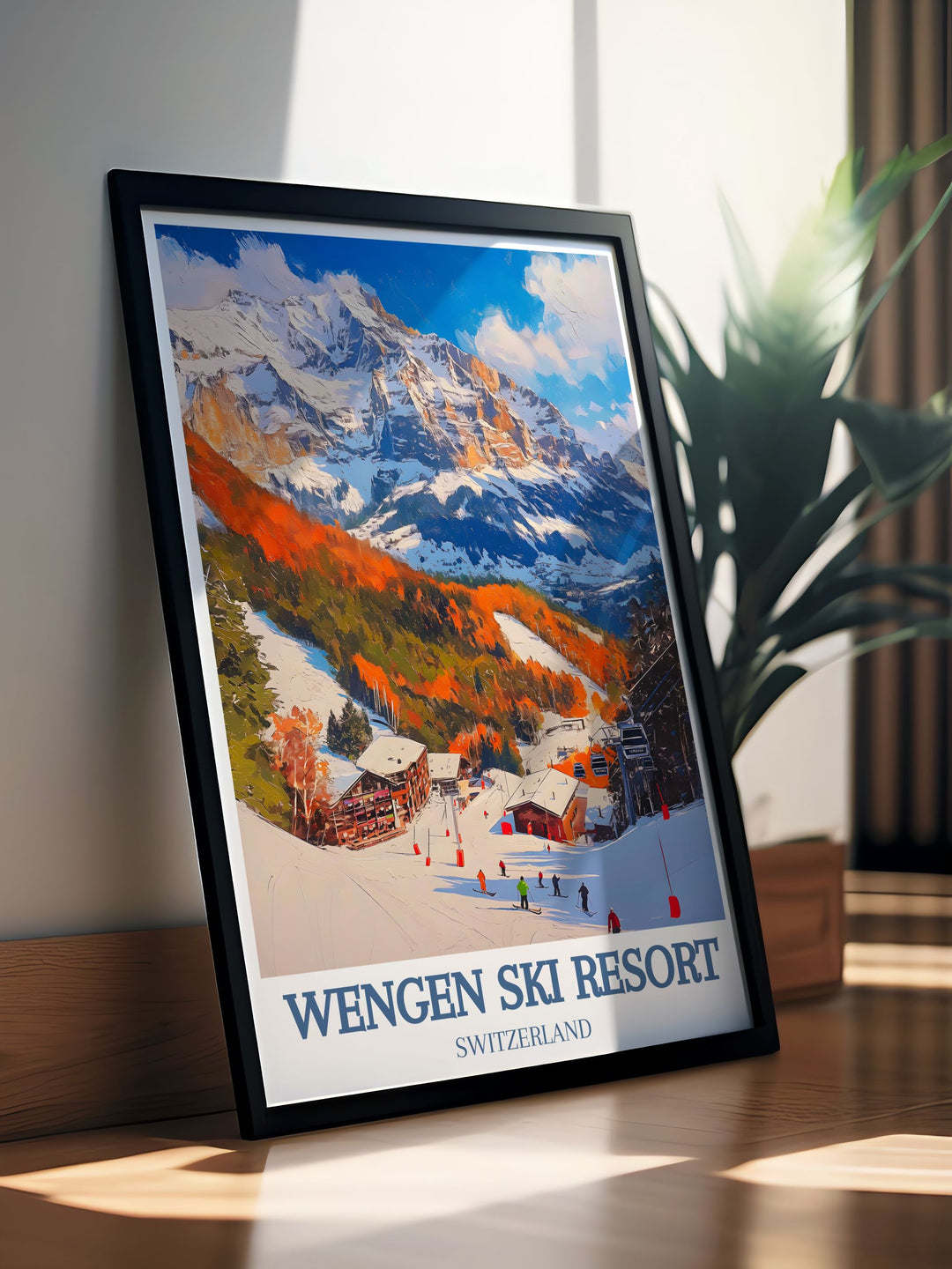 Discover the beauty of Switzerland with this travel poster featuring Wengen and Grindelwald. The poster showcases the serene landscapes and thrilling sports activities of these alpine villages, ideal for travel lovers.