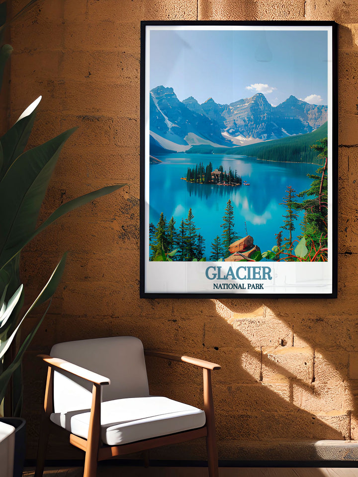 Vintage poster of St. Mary Lake, highlighting the serene waters and picturesque landscape of Glacier National Park, ideal for those who love the blend of adventure and natural beauty.