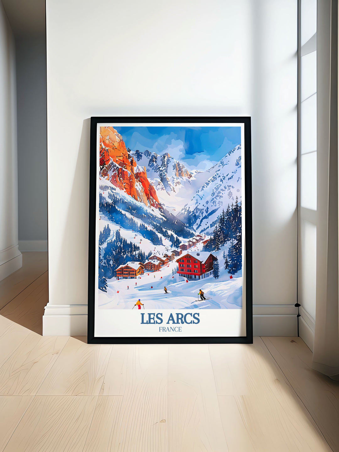 Les Arcs ski poster featuring Aiguille Rouge Mont Blanc perfect for adding a touch of elegance to your home decor and celebrating the adventure of skiing and snowboarding in the French Alps