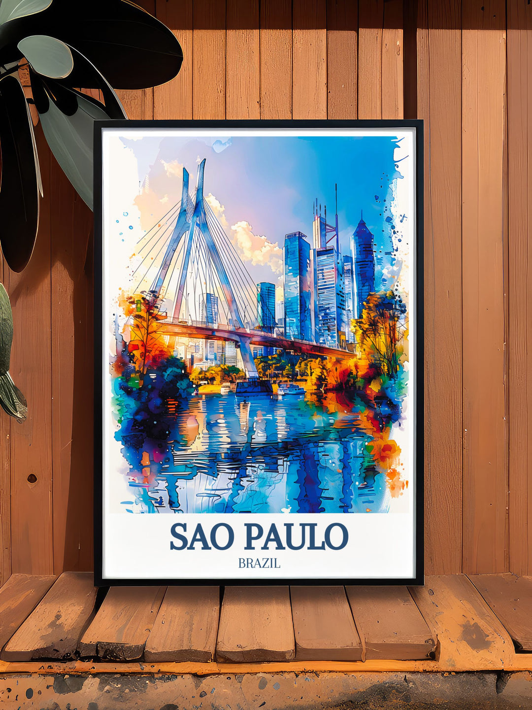 Vivid travel poster of Sao Paulos Marginal Pinheiros expressway, capturing the bustling energy and modern infrastructure of this essential city highway.