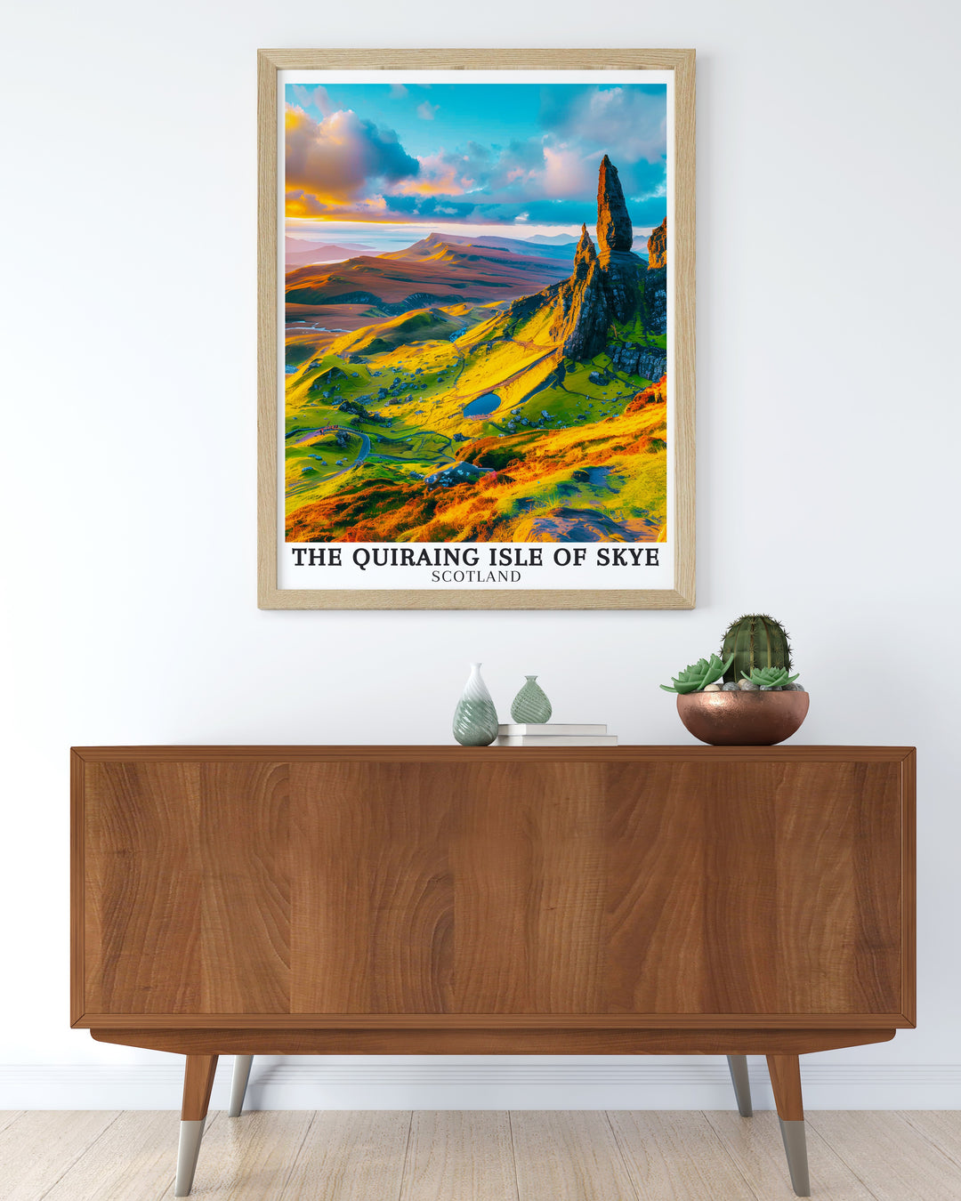 Vintage travel print of The Quiraing Isle of Skye with The Needle and Trotternish Ridge providing a classic and stylish depiction of Scotlands iconic landscapes ideal for those who appreciate timeless beauty and adventure.