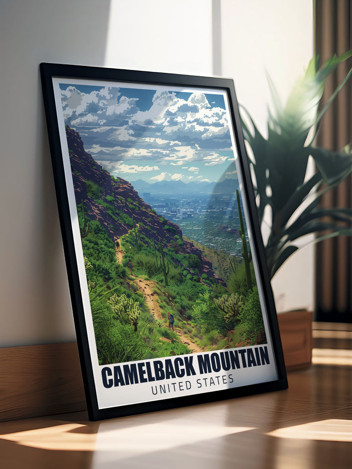 Bring the allure of Arizona into your home with Cholla Trail wall art. This Mt. Camelback art piece is perfect for those who appreciate nature and adventure. The Arizona artwork adds a touch of the desert's beauty to your home decor making it a great travel gift.