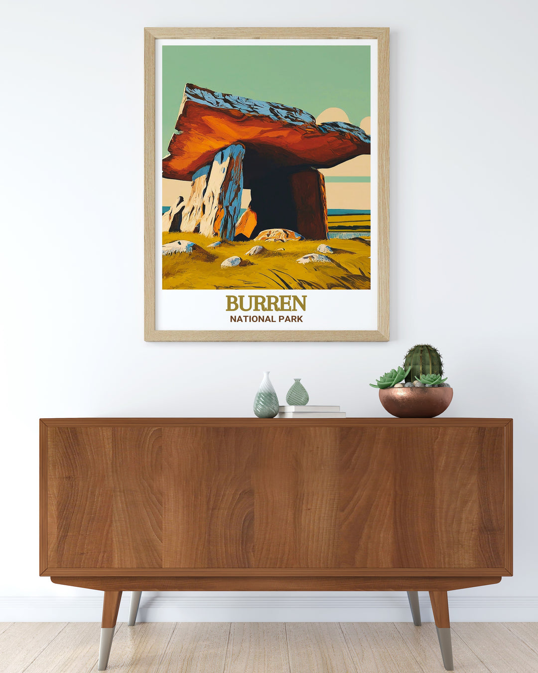 Experience the mystique of Irelands ancient past with this travel poster of Poulnabrone Dolmen. The artwork captures the timeless beauty of the dolmen set against the vast, open landscape of the Burren, making it a powerful addition to any room.