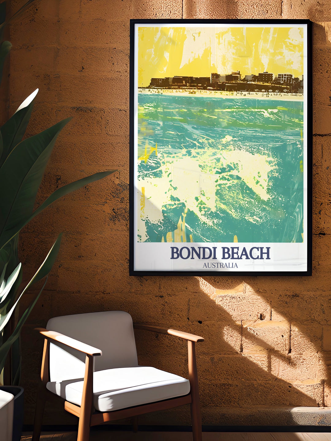 Australia poster featuring the stunning Sydney Harbour with the Sydney Opera House and Harbour Bridge. Bondi, South Bondi Beach home decor adds a vibrant beach scene to your walls, offering a blend of vintage and modern art styles.