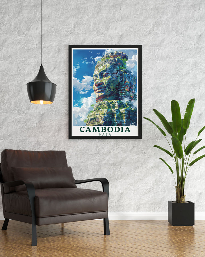Captivating Bayon Temple artwork featuring the majestic temple in fine line detail offering a beautiful addition to your collection of Cambodia art prints.
