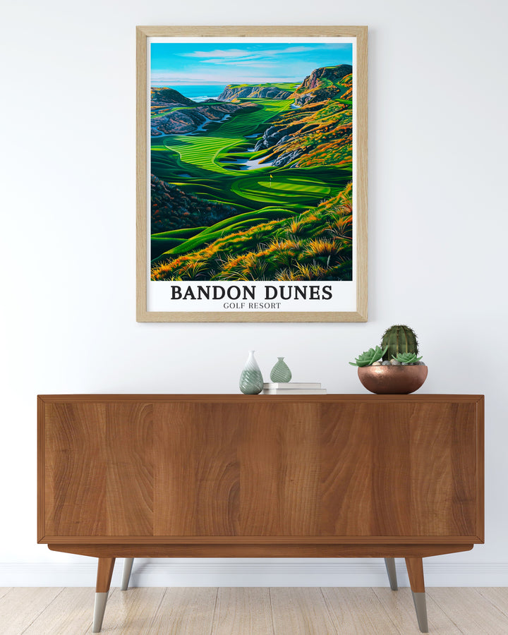 A framed art print of the Bandon Dunes Golf Resort, capturing the blend of lush fairways and the dramatic coastal cliffs of Oregon. This unique print is ideal for those who cherish the game and the breathtaking scenery that accompanies it.