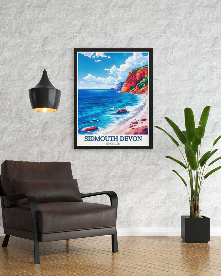 This vintage inspired poster of the Jurassic Cliffs captures the majestic and ancient beauty of Sidmouths coastline, offering a glimpse into one of Englands most picturesque seaside destinations.