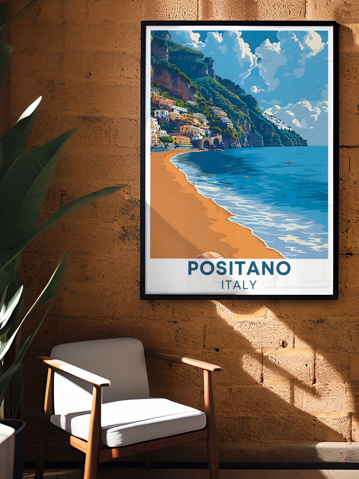 Spiaggia Grande fine print from Positano ideal for wall art enthusiasts looking to incorporate a touch of Italian coastal beauty into their home decor offering a vibrant and detailed portrayal of this beloved Amalfi Coast location