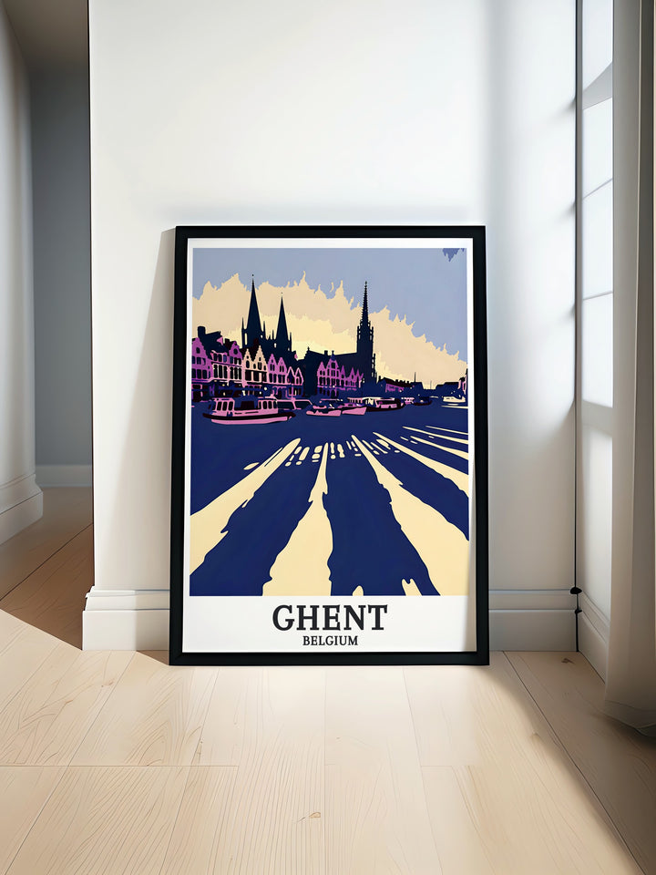 Ghent poster featuring Graslei harbor Cloth Hall Lakenhalle captures the beauty of Belgium travel art perfect for living room decor and wall art