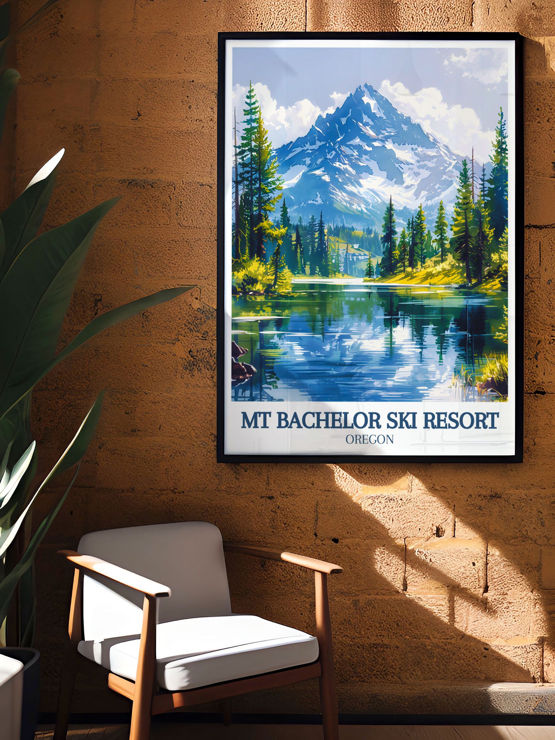 Discover the charm of vintage ski posters with this elegant print of Mt Bachelor and Sparks Lake perfect for adding a touch of retro style and adventure to your home decor or art collection