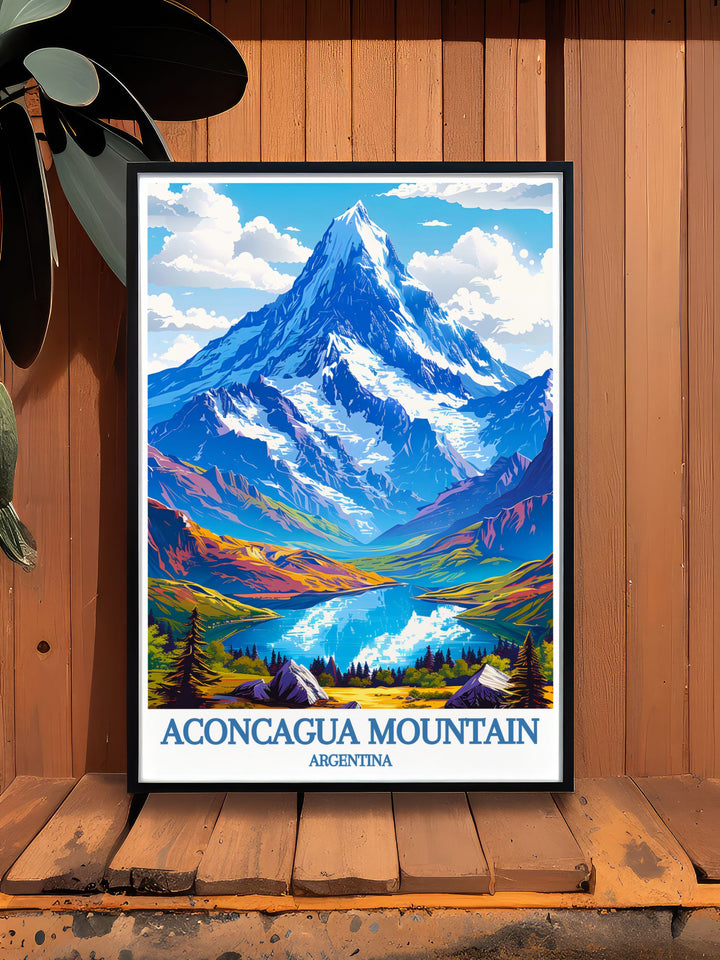 Explore the beauty of Aconcagua Mountain with this retro travel poster showcasing Mendoza Argentina part of our Seven Summits Art collection.