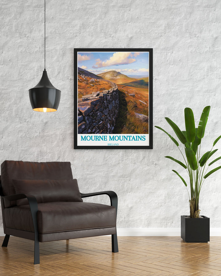 This vibrant art print of the Mourne Wall highlights the regions historic engineering marvels and lush surroundings, making it a standout piece for those who appreciate both history and nature.