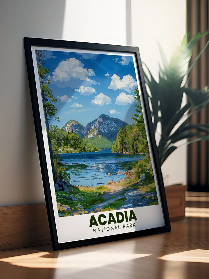 Stunning Acadia National Park print featuring the serene beauty of Jordan Pond. This retro travel art brings the elegance of nature to your home and makes a perfect gift for anyone who loves national parks and vintage style prints.