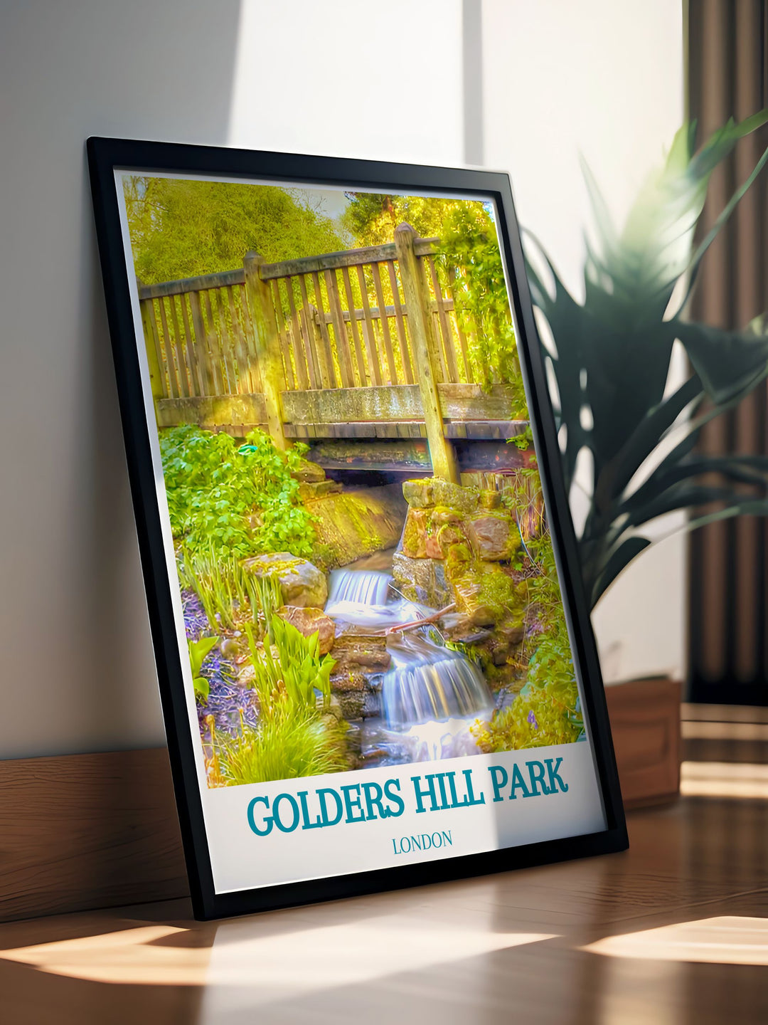 Canvas art featuring Londons Golders Hill Park, with vibrant flowerbeds and the tranquil Water Gardens, perfect for bringing a touch of nature into your living space.