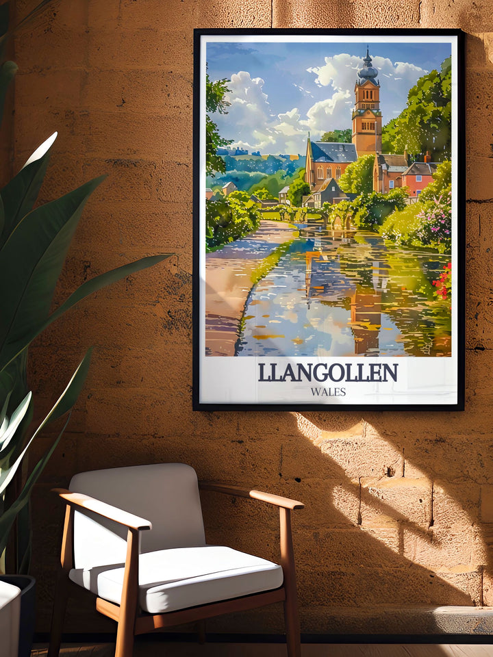 Discover the beauty of Llangollen with this exquisite print featuring the River Dee Llangollen Canal and Llangollen Methodist Church. Perfect for gifts or personal collection this wall art piece brings the picturesque landscapes and historic landmarks of Wales to life.