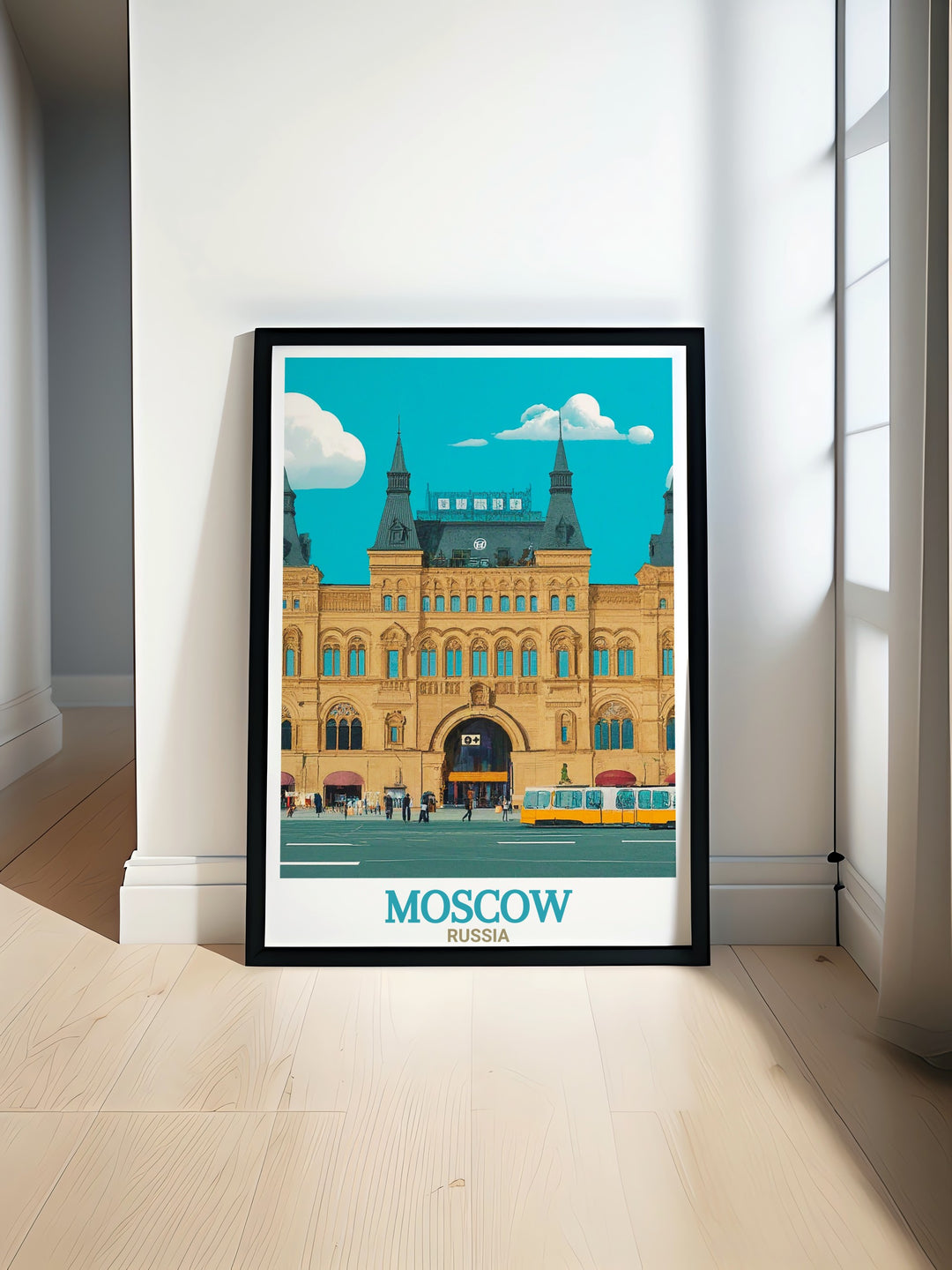 Beautifully detailed GUM Department Store travel poster showcasing the elegance of Moscow in vibrant colors and intricate design ideal for home decor and perfect for art enthusiasts and lovers of Russian culture.