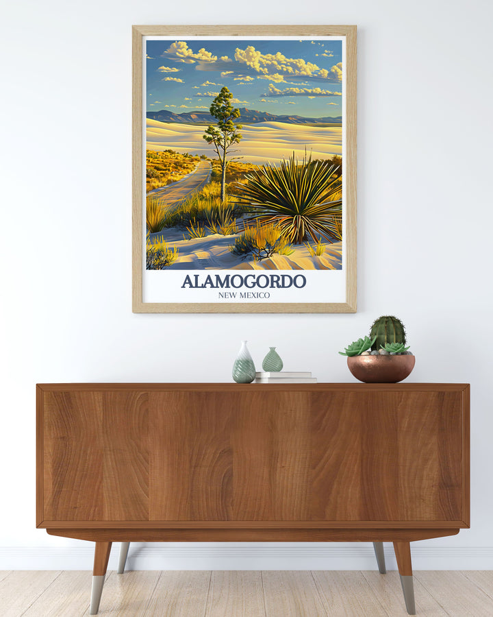 This New Mexico travel print highlights White Sands National Park and Tularosa Basin a stunning Alamogordo poster that brings the charm and beauty of the Southwest to your home perfect for wall decor or as a thoughtful gift for New Mexico art lovers.