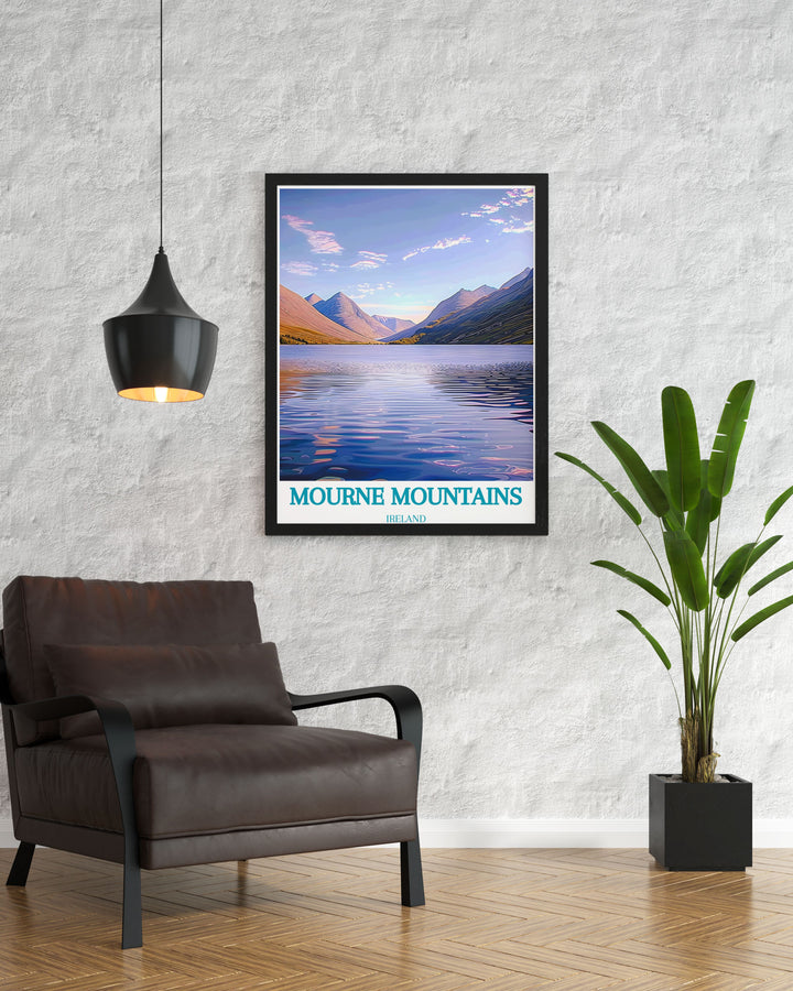Showcasing both the rugged peaks of the Mourne Mountains and the tranquil Silent Valley Reservoir, this travel poster captures the unique blend of dramatic landscapes and serene beauty, perfect for enhancing your living space with natural charm.