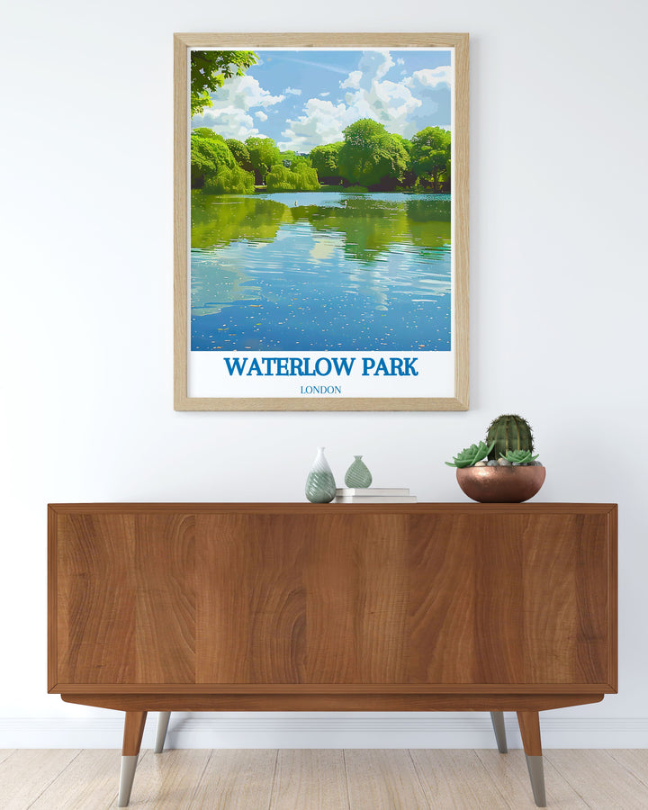 Highgate Ponds Elegant Home Decor paired with Waterlow Park Print captures the essence of Londons hidden gems making it an ideal choice for those looking to enhance their living space with a touch of natural beauty and historical significance