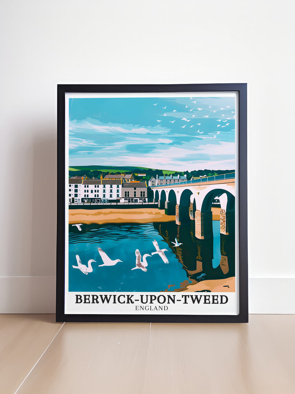 Northumberland travel print featuring Berwick Bridge and Berwick Harbour, illustrating the harmonious blend of history and nature in Berwick upon Tweed. This vibrant artwork is perfect for anyone looking to enhance their space with a touch of the UKs coastal heritage.