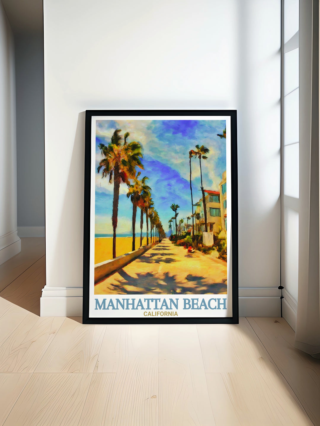 This Manhattan Beach travel print highlights the scenic beauty of The Strand, where the beach meets the lively energy of Californias coastal community. Perfect for adding a touch of warmth and relaxation to any home, this poster is ideal for beach enthusiasts.