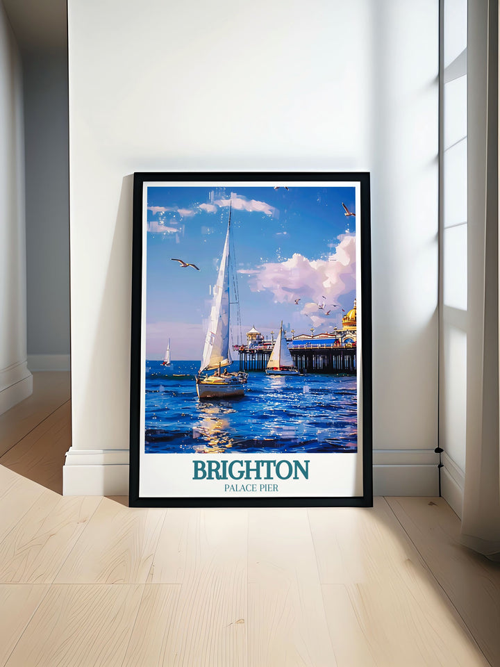 Brighton Pier Poster featuring the iconic Brighton Palace Pier and the serene English Channel, perfect for adding a touch of vintage travel charm to your home decor or as a unique gift for art deco and retro poster enthusiasts.