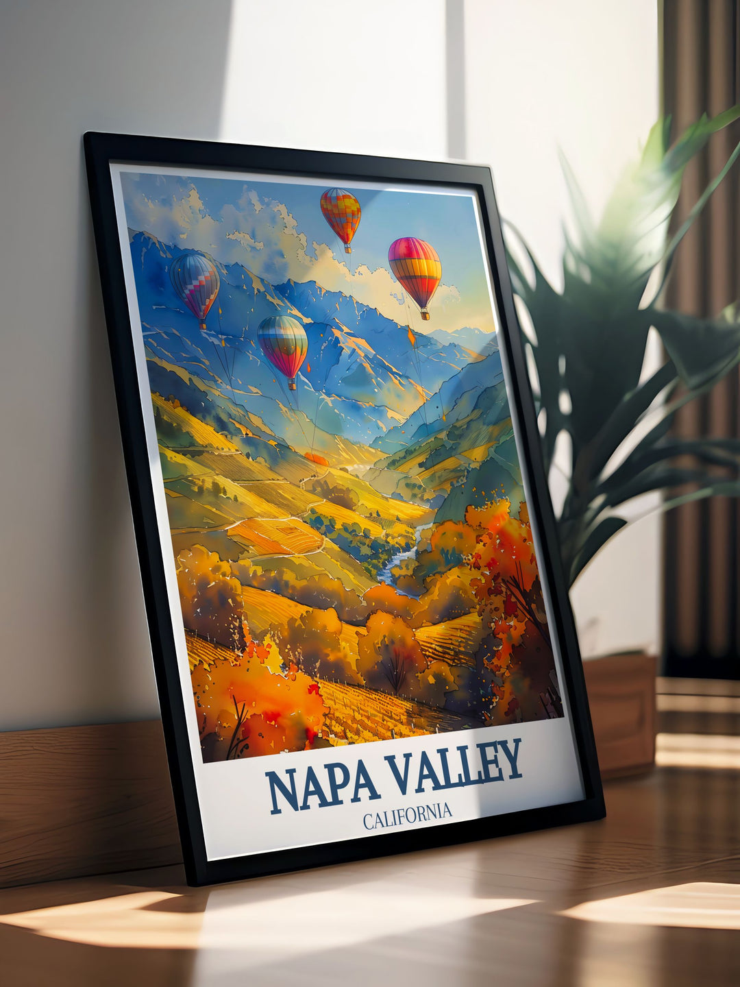 Black and white Napa Valley Poster depicting the picturesque Napa River and the enchanting hot air balloon rides with the Mayacamas and Vaca mountain ranges in the background ideal for any decor style