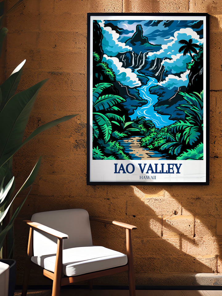 Celebrate the natural beauty of Hawaii with this Iao Valley travel poster, featuring the majestic Iao Needle and the peaceful Iao Stream. The lush greenery and vibrant hues bring the islands natural splendor to life, making it an ideal addition to any space or a thoughtful gift for nature lovers.