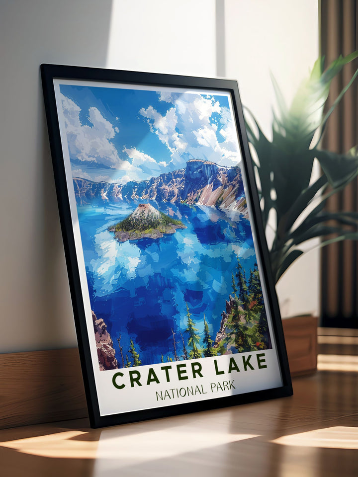 Unique Crater Lake vintage print highlighting the serene beauty of this National Park. Perfect for home decor these Crater Lake prints capture the parks breathtaking scenery with vibrant colors and intricate details.