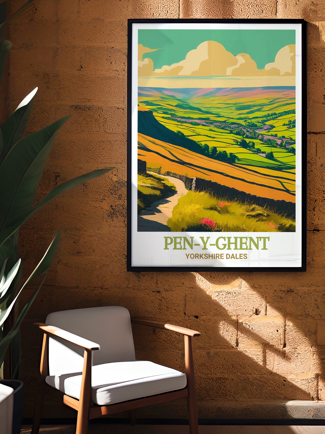 Pen Y Ghent travel poster showcasing the rugged beauty of Pen Y Ghent and its summit in the Yorkshire Dales. This artwork captures the essence of these iconic landmarks, perfect for home decor or as a gift for nature lovers. A timeless piece celebrating Yorkshire.