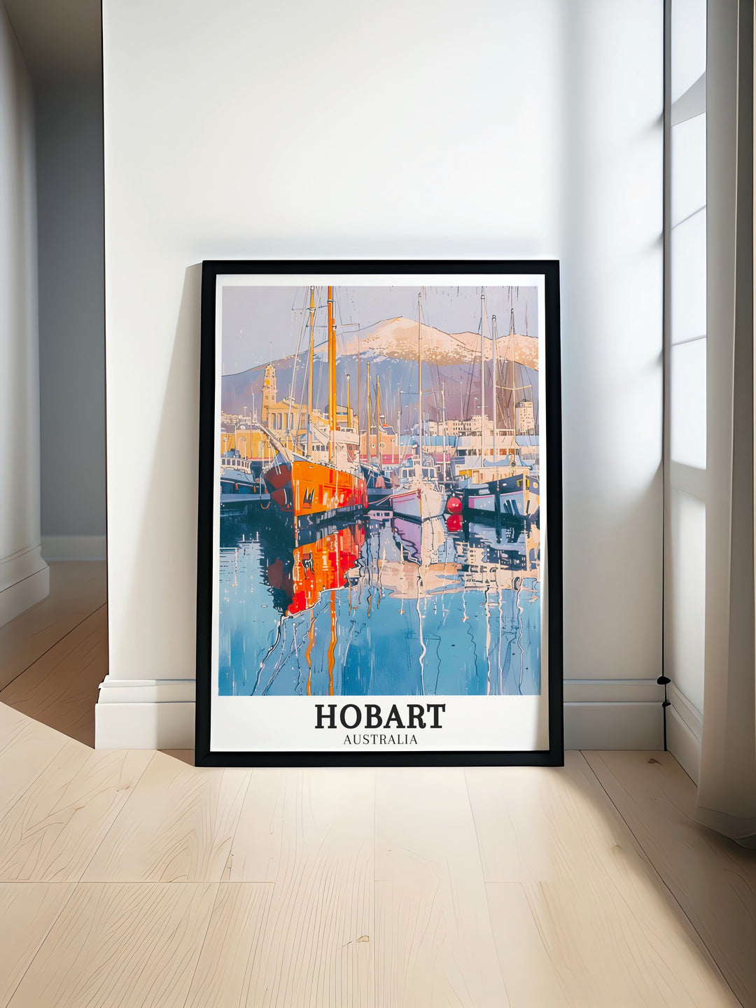 Striking Hobart artwork featuring the contrast between Mount Wellingtons rugged terrain and the activity at Hobart Port. The print celebrates the unique character of Tasmanias capital, making it an ideal addition to Australia travel collections