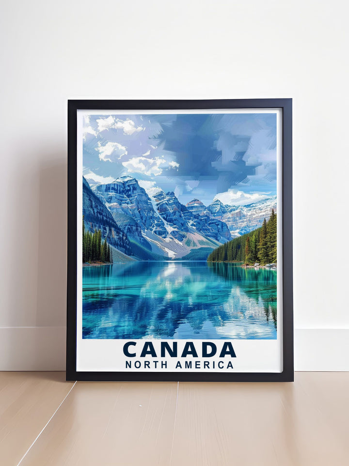 This travel poster captures the scenic beauty of Banff National Park and the majestic Lake Louise, perfect for adding a touch of Canadas natural splendor to your home decor.
