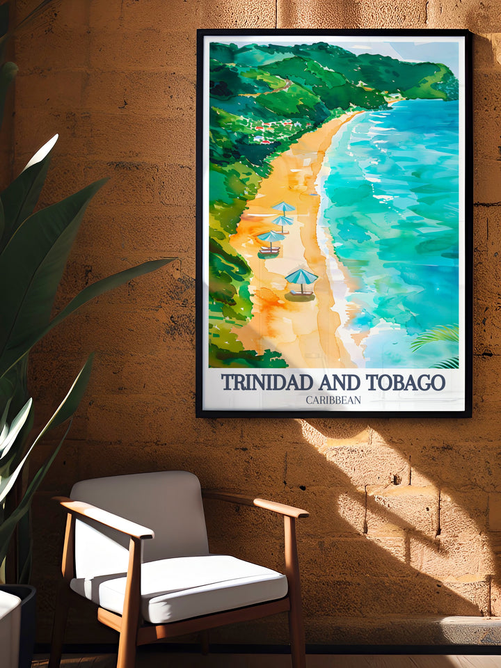 Featuring the iconic Maracas Bay beach in Trinidad and Tobago, this Caribbean art print captures the essence of a tropical escape. Its calm waters and vibrant scenery make this framed poster a beautiful addition to any room, bringing the magic of island life to your walls.