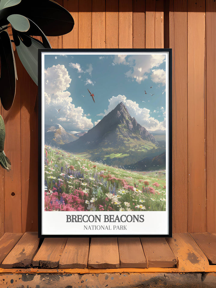 National Park Poster highlighting the majestic Black Mountains and Pen y Fan in Brecon Beacons Wales. This stunning framed print adds a touch of classic elegance to your living room decor with vibrant colors and sharp details.