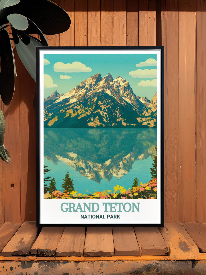 Jenny Lake wall art capturing the serene beauty of this iconic location within Grand Teton National Park. The intricate details of the Teton Range reflected in the lake make this print a striking focal point in any room, perfect for adding a touch of natures majesty to your decor.