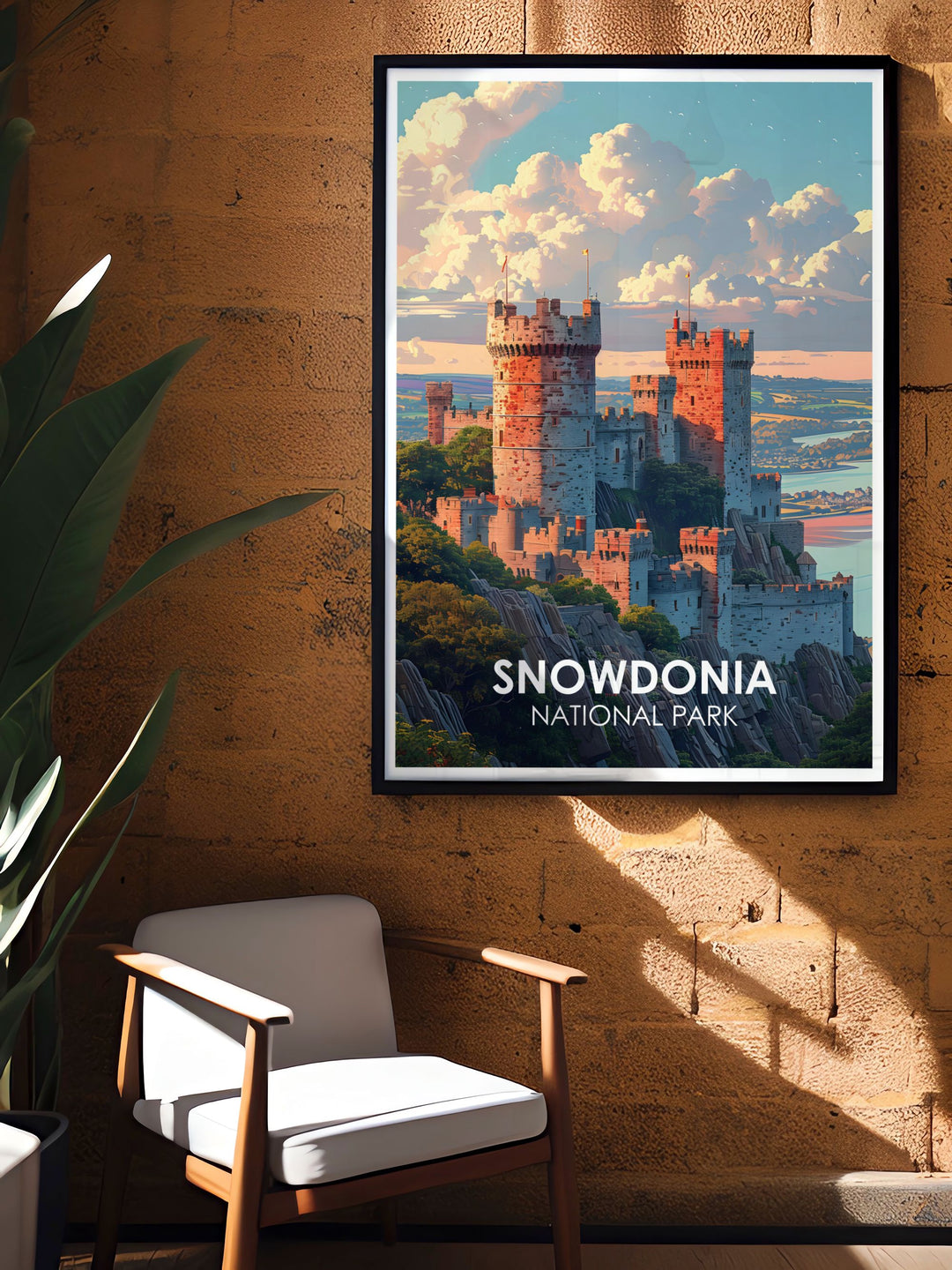 Mountain art print showcasing the rugged beauty of Snowdonia with Conwy Castle standing proudly in the distance a perfect addition to home living decor and a unique gift for travelers