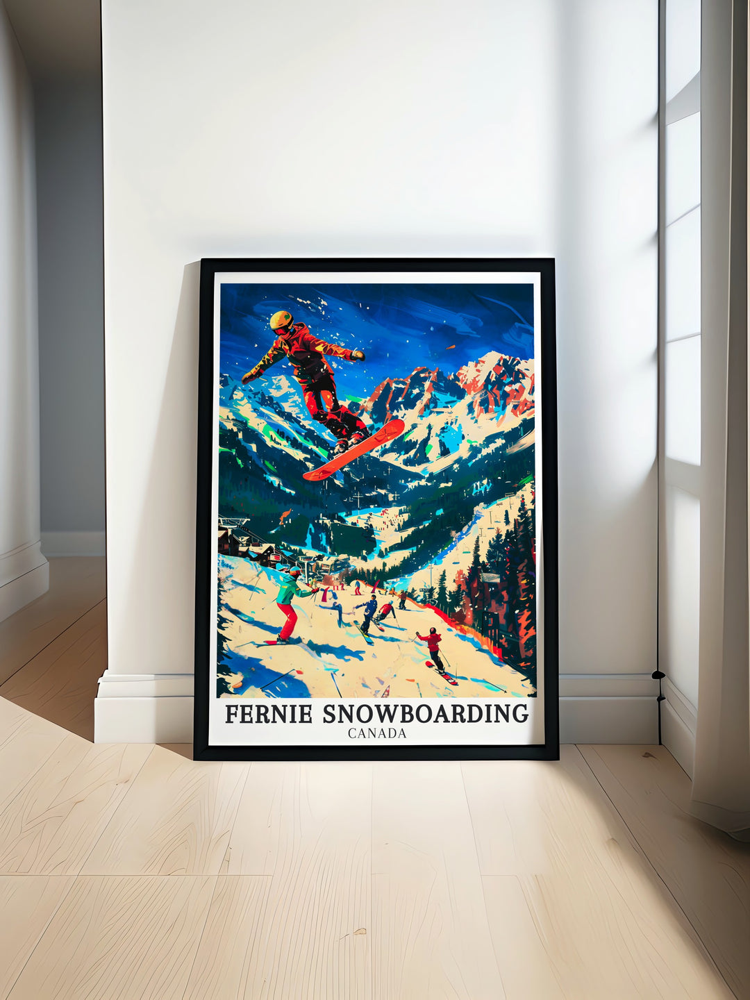 British Columbia travel poster celebrating the iconic snowboarding destination of Fernie. The artworks nostalgic style adds a touch of vintage charm to any space, making it ideal for lovers of outdoor adventure.