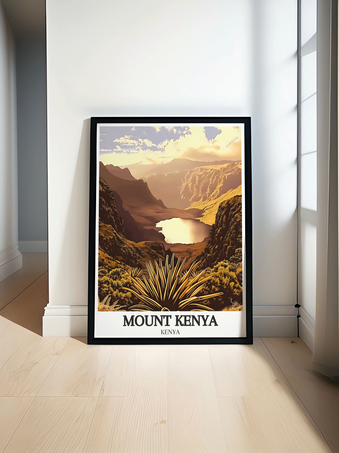 Mount Kenya poster showcasing the Chogoria Route and Lake Michaelson with a vibrant color palette perfect for travel enthusiasts and art lovers an ideal addition to your living room decor or as a personalized gift