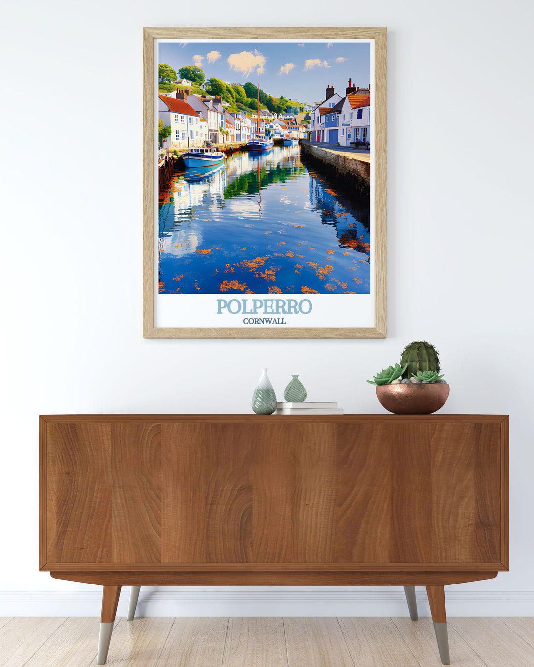 Elegant Polperro Harbour vintage travel print bringing the charm of Polperro Cornwall into your home decor