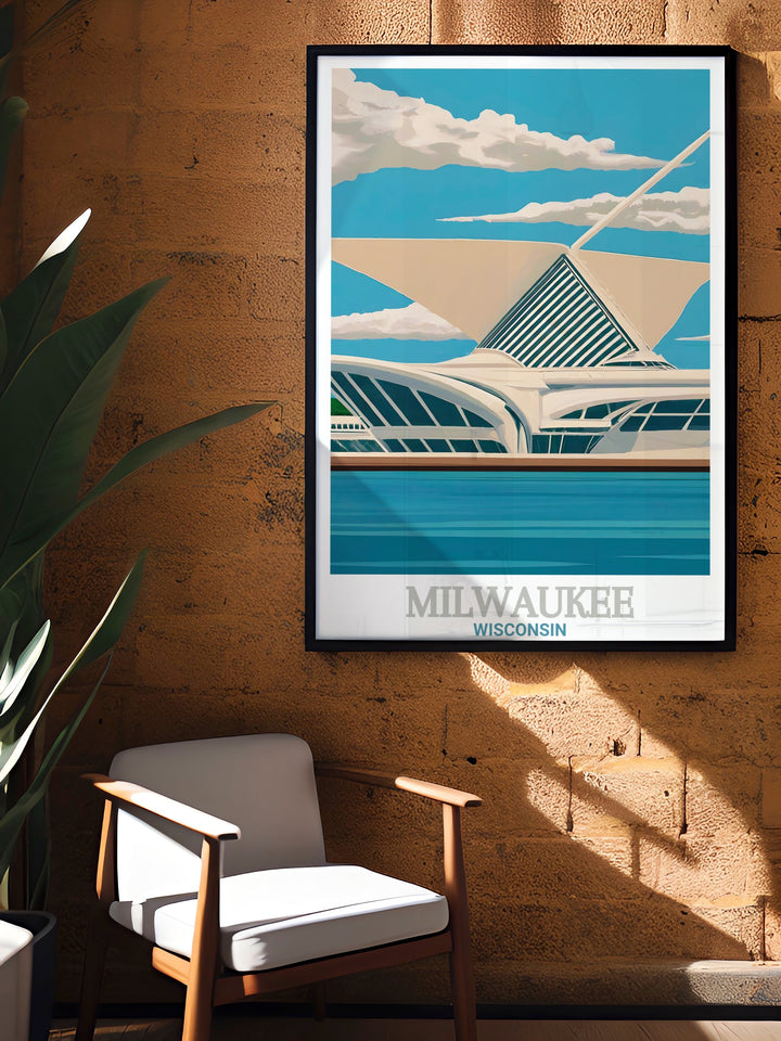 The beauty of the Milwaukee Art Museums unique structure is captured in this vibrant wall art, highlighting the citys dedication to both modern design and timeless cultural institutions. This print adds a sophisticated touch to any room.