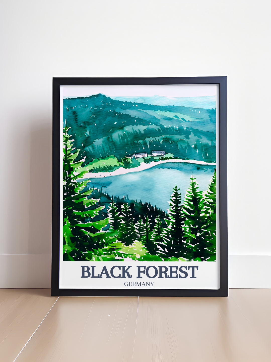 Captivating Black Forest Artwork featuring Mummelsee Lake, Triberg Waterfalls perfect for transforming living spaces into serene retreats the vibrant colors and intricate details make it an ideal choice for those seeking unique German travel prints and forest inspired home decor