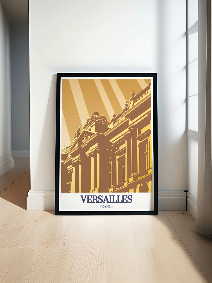 Versailles Travel Poster offering a vibrant, vintage inspired depiction of the palace and its surrounding estate. This beautiful artwork is perfect for history buffs, travel lovers, or anyone seeking to add a luxurious French touch to their decor.