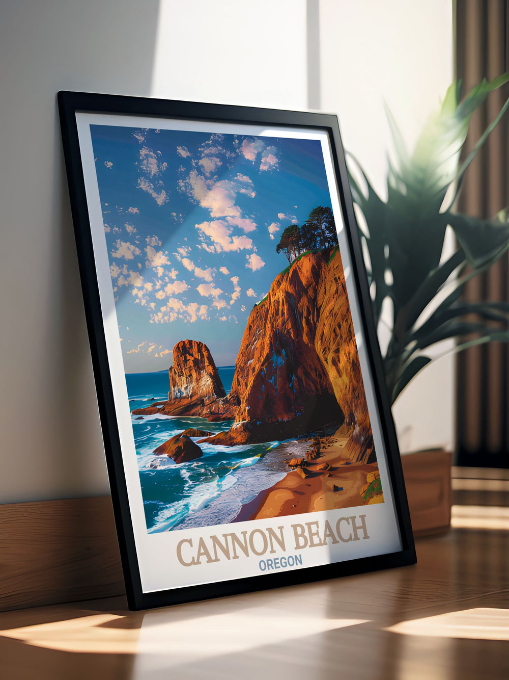 Beautiful Cannon Beach print showcasing Haystack Rock with fine line details and rich colors ideal for bringing the serene beauty of the Oregon coast into your home