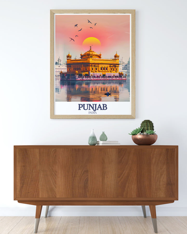Stunning Golden Temple, Amrit Sarovar framed prints ideal for adding a touch of class to living rooms and offices bringing the rich cultural heritage of Punjab into your space with beautiful artwork highlighting the temples architecture.